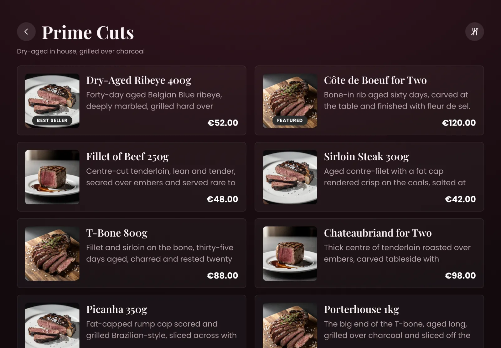 Guest menu on a tablet - Elegant theme