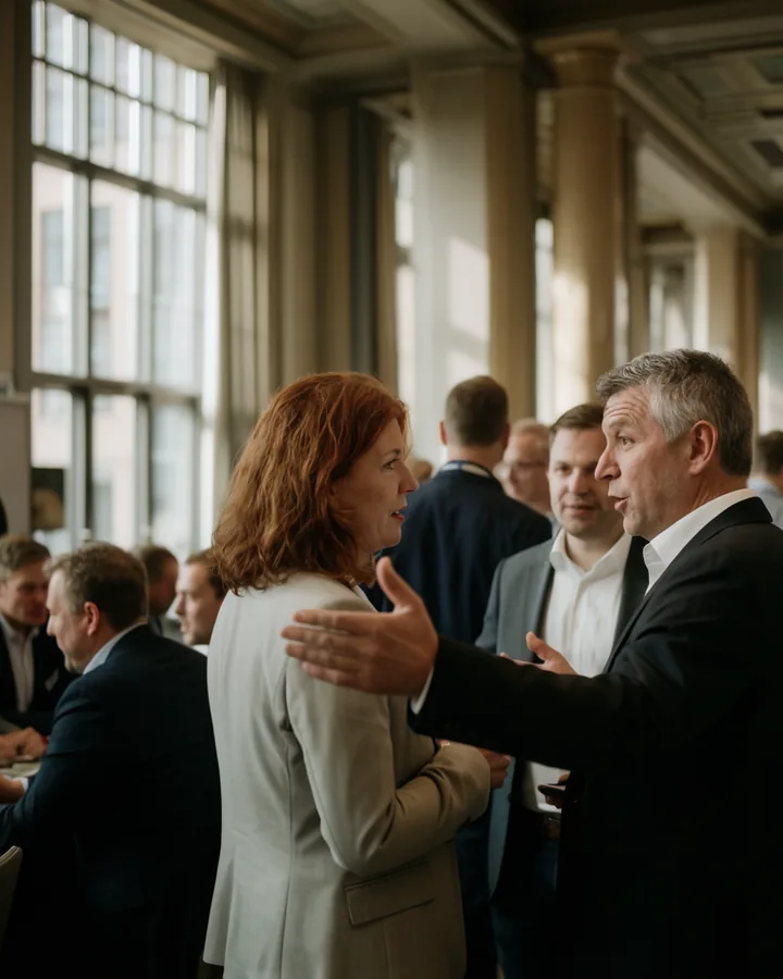 Professionals networking at a corporate conference venue