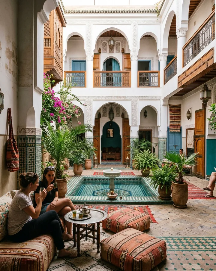 Guests relaxing with tea in a riad guest house courtyard
