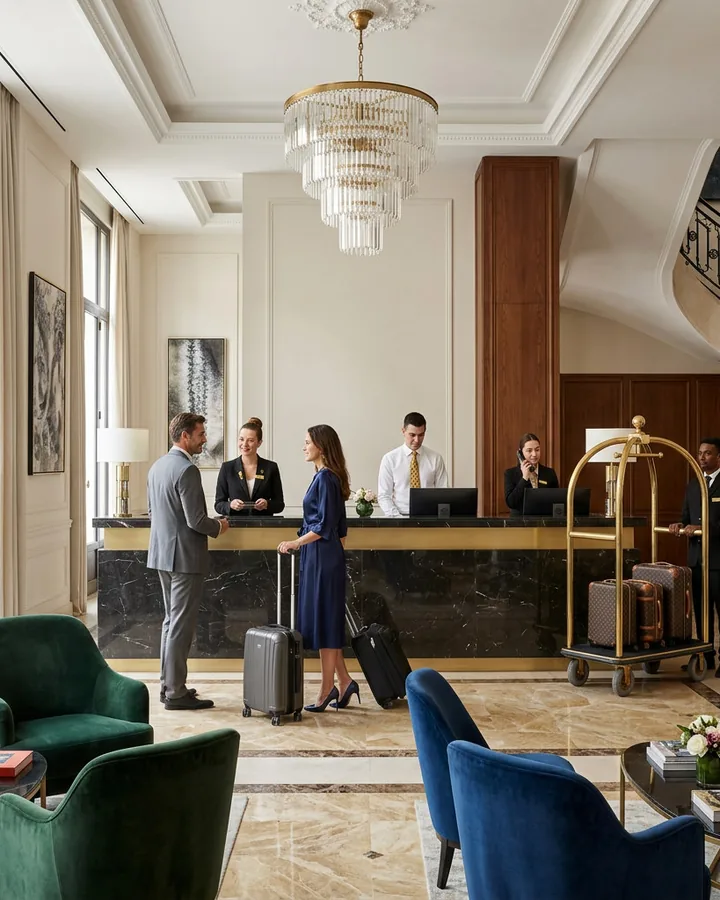 Guests checking in at a luxury hotel lobby
