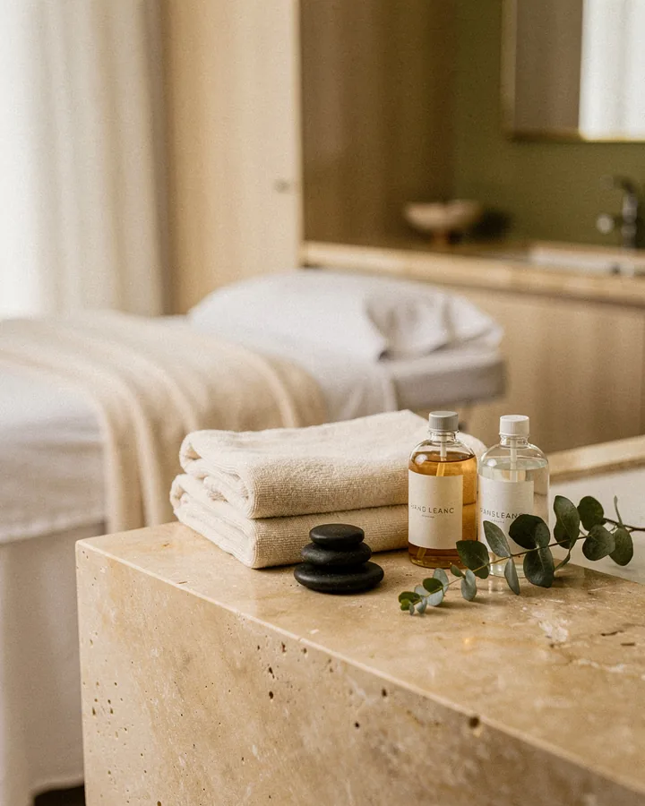 Spa treatment room with towels, stones and botanical oils